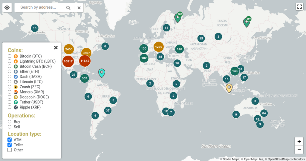 Mapa bitcoinmatů, kde jde jednoduše  koupit bitcoin po celém světě.