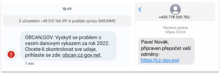 podvodná sms napodobující info ze státního webu Portál občana, zdroj: Portál občana