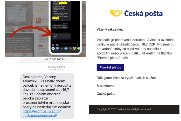 Podvodná SMS napodobující SMS od České Pošty a Zásilkovny