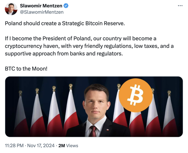 slawomir mentzen polský kandidát na prezidenta bitcoin btc rezerva